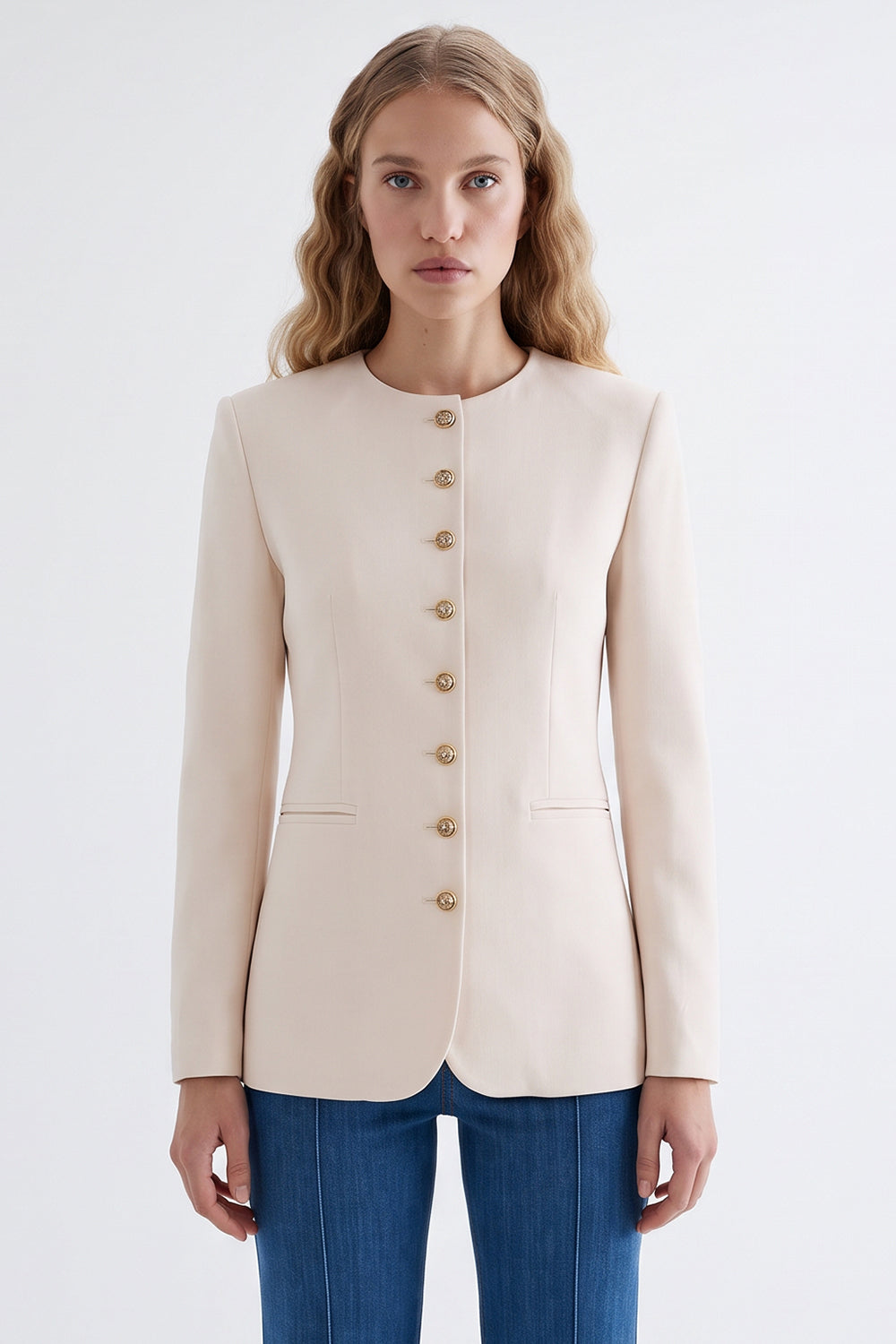 Shoulder Padded Jacket with Buttoned Cuffs and Welt Pockets - CREAM