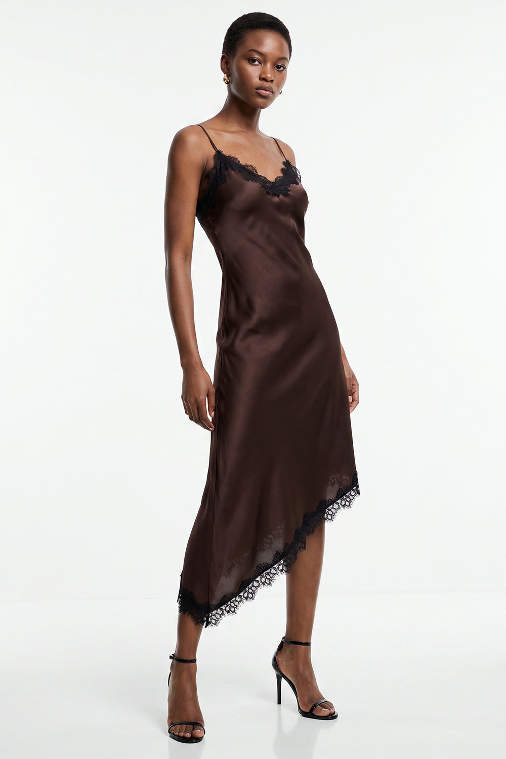 Satin Fitted Dress with Adjustable Straps - BROWN