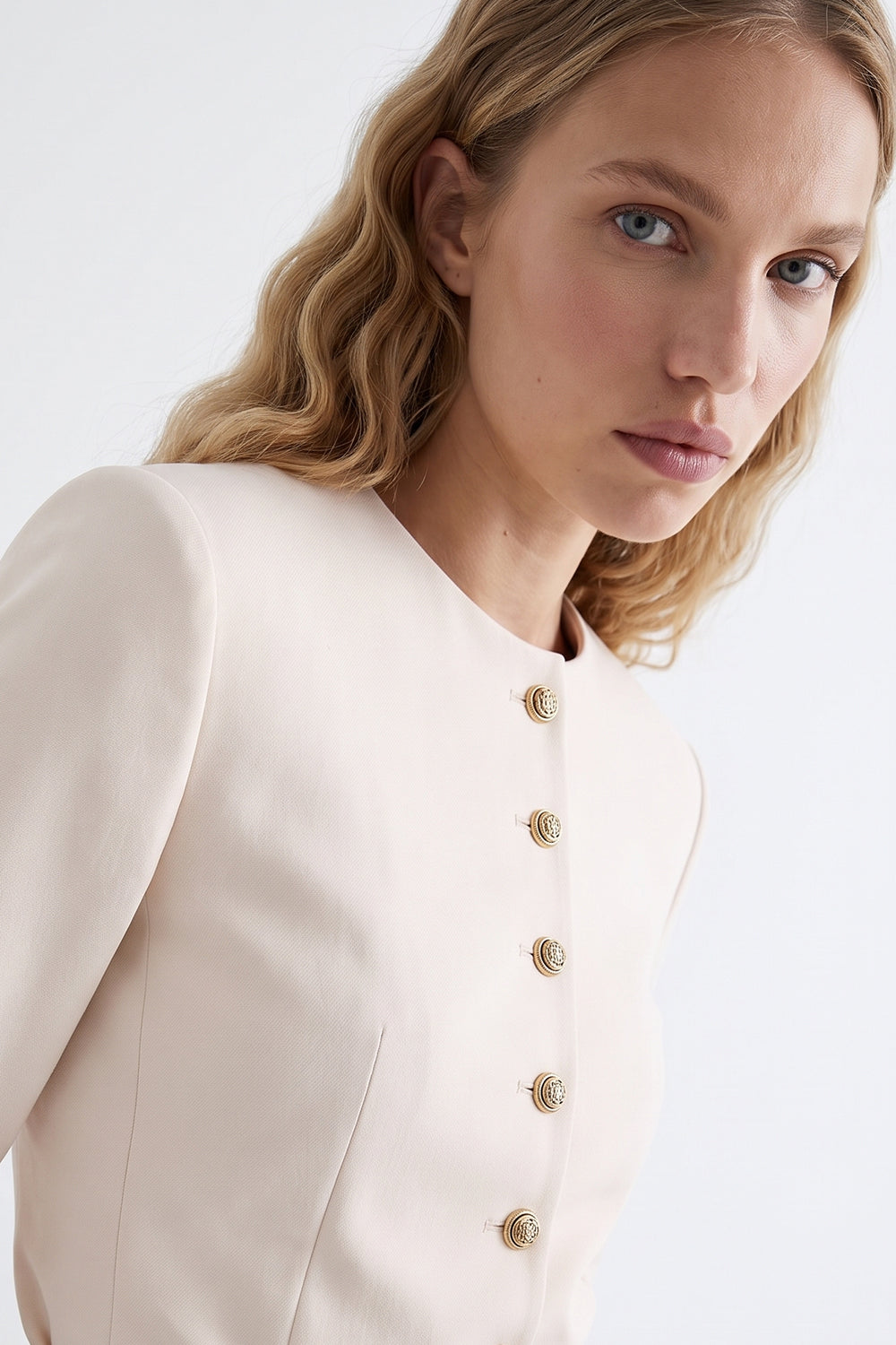 Shoulder Padded Jacket with Buttoned Cuffs and Welt Pockets - CREAM