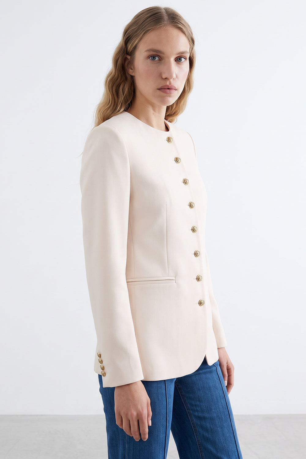 Shoulder Padded Jacket with Buttoned Cuffs and Welt Pockets - CREAM