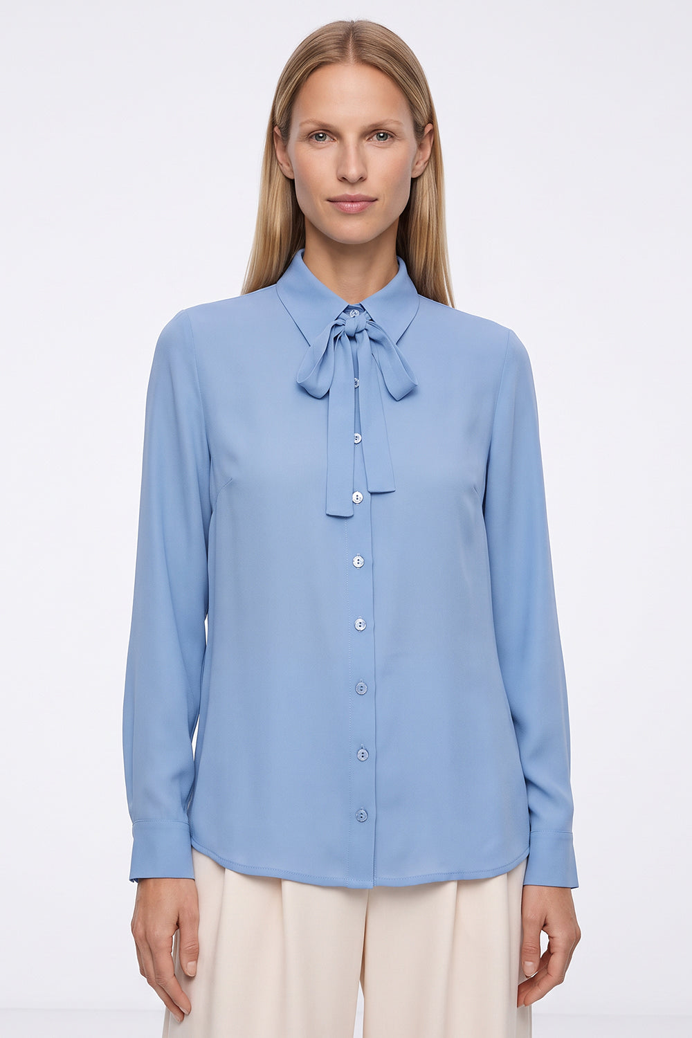 Long Sleeve Tie Neck Shirt with Cuffs - BLUE