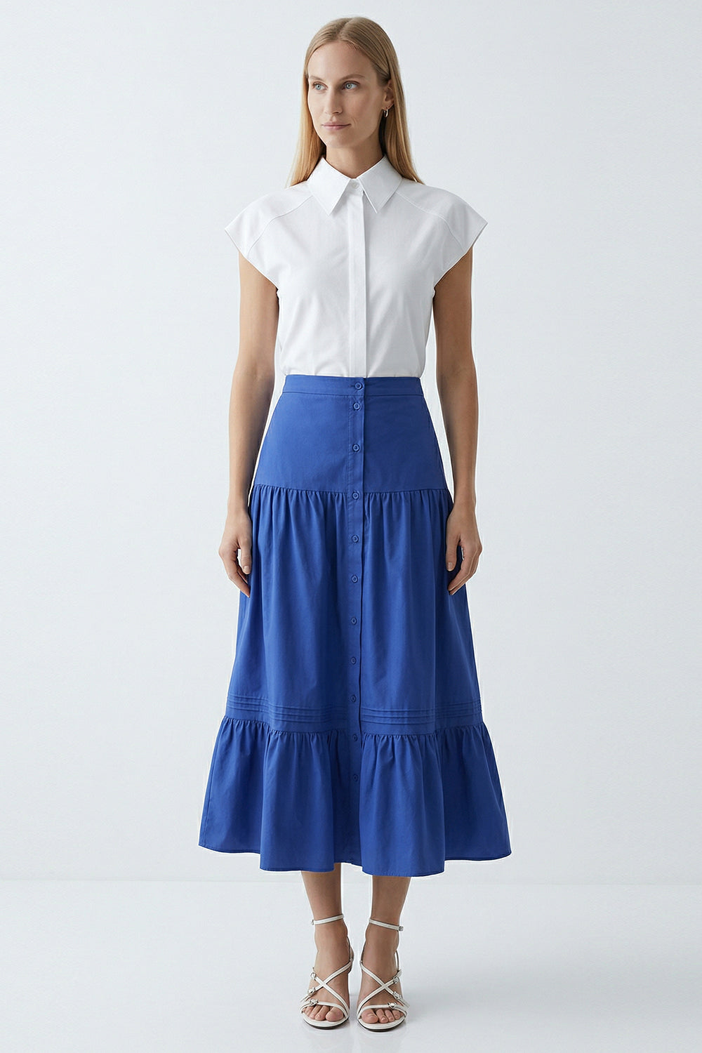 Elastic Waist Buttoned High Waist Midi Skirt - NAVY BLUE