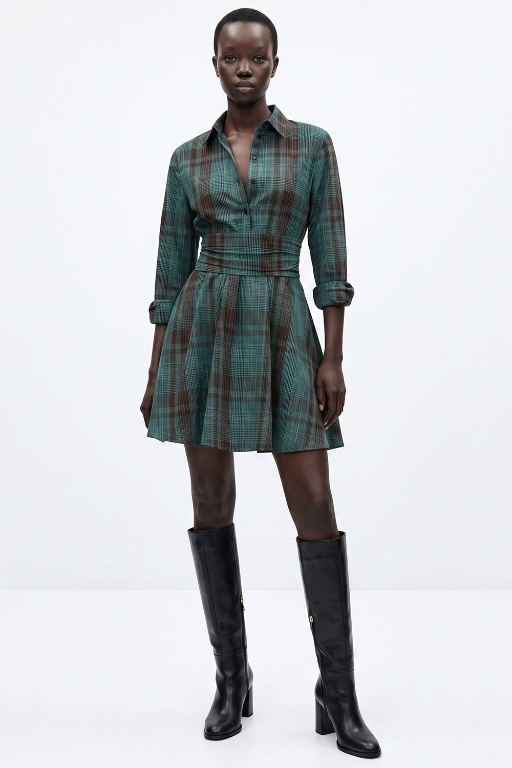Long Sleeve Mini Dress with Waist Detail - MULTICOLOR