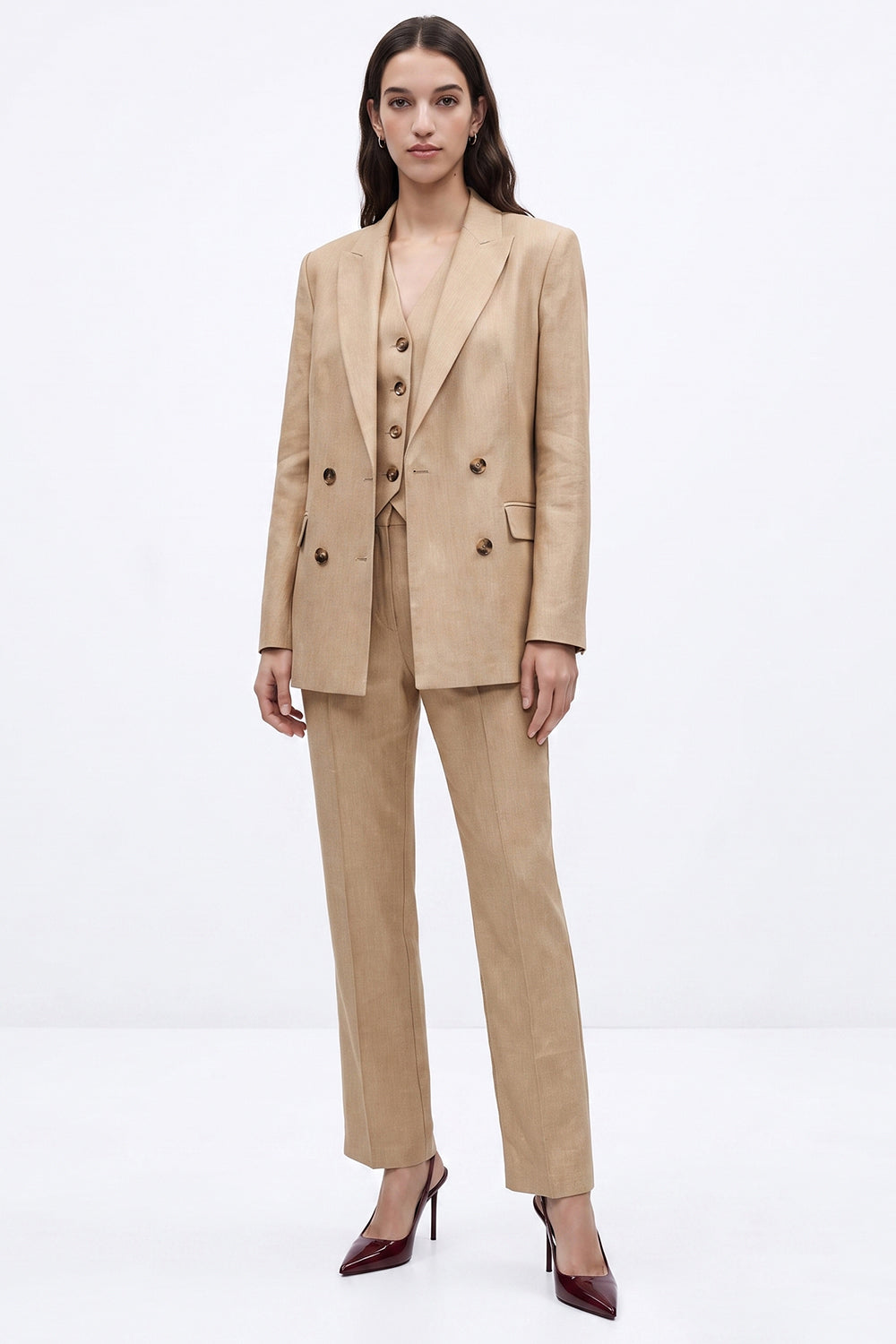 Linen Blend Shoulder-Padded Wrap Jacket - CAMEL