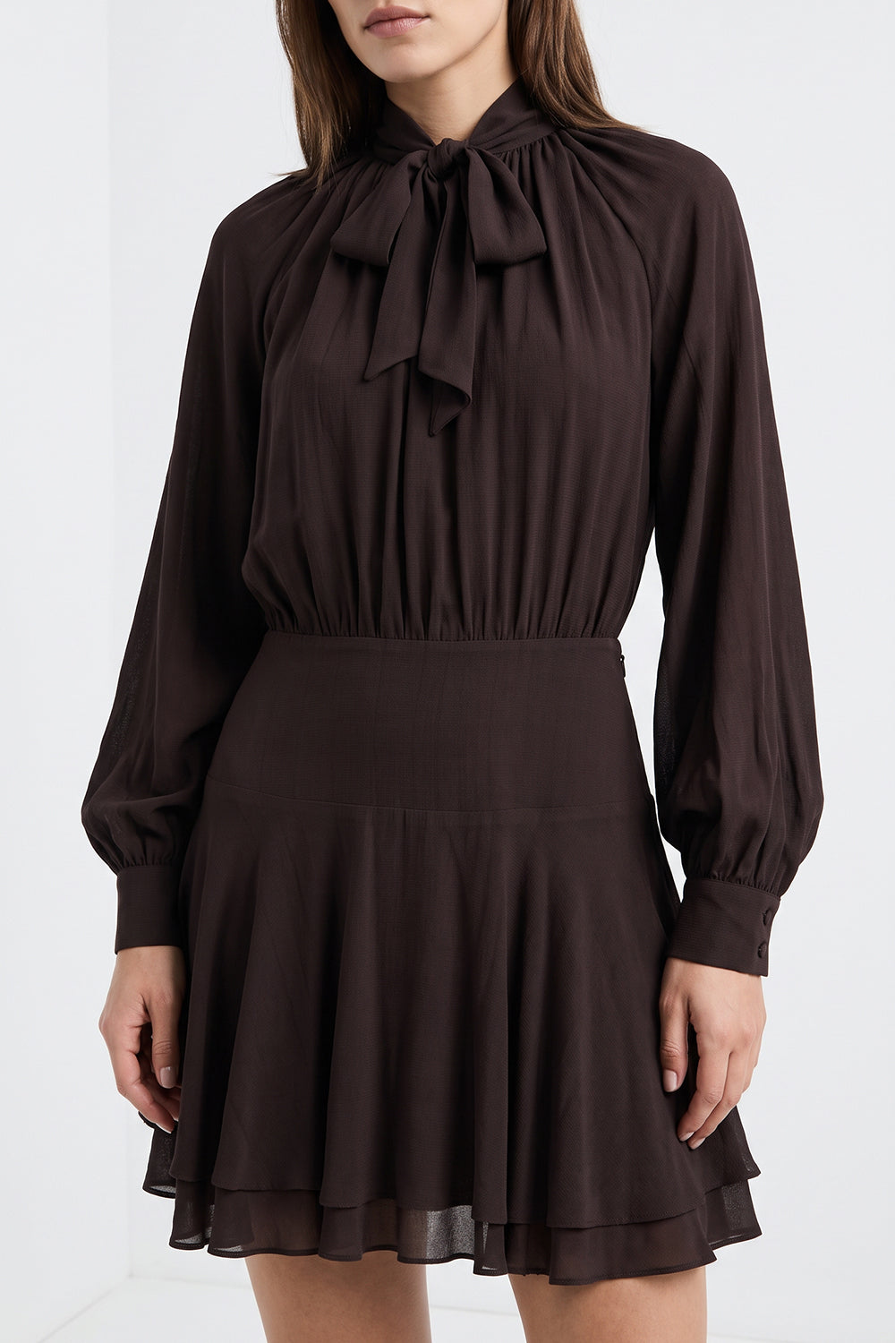 Foulard Detail Fitted Mini Dress - BROWN