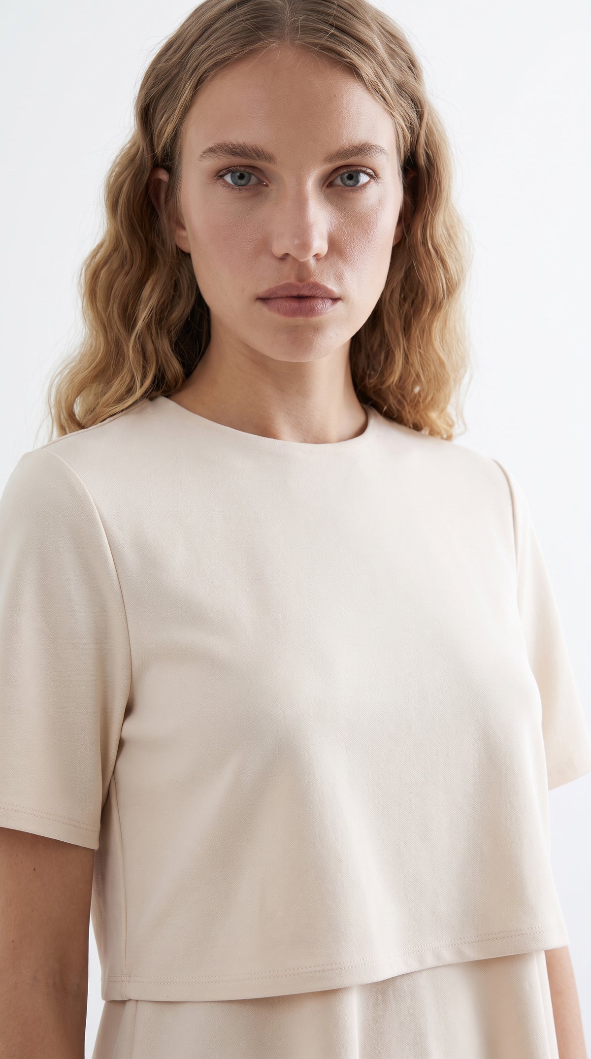 Short Sleeve Round Neck Mini Dress - BONE