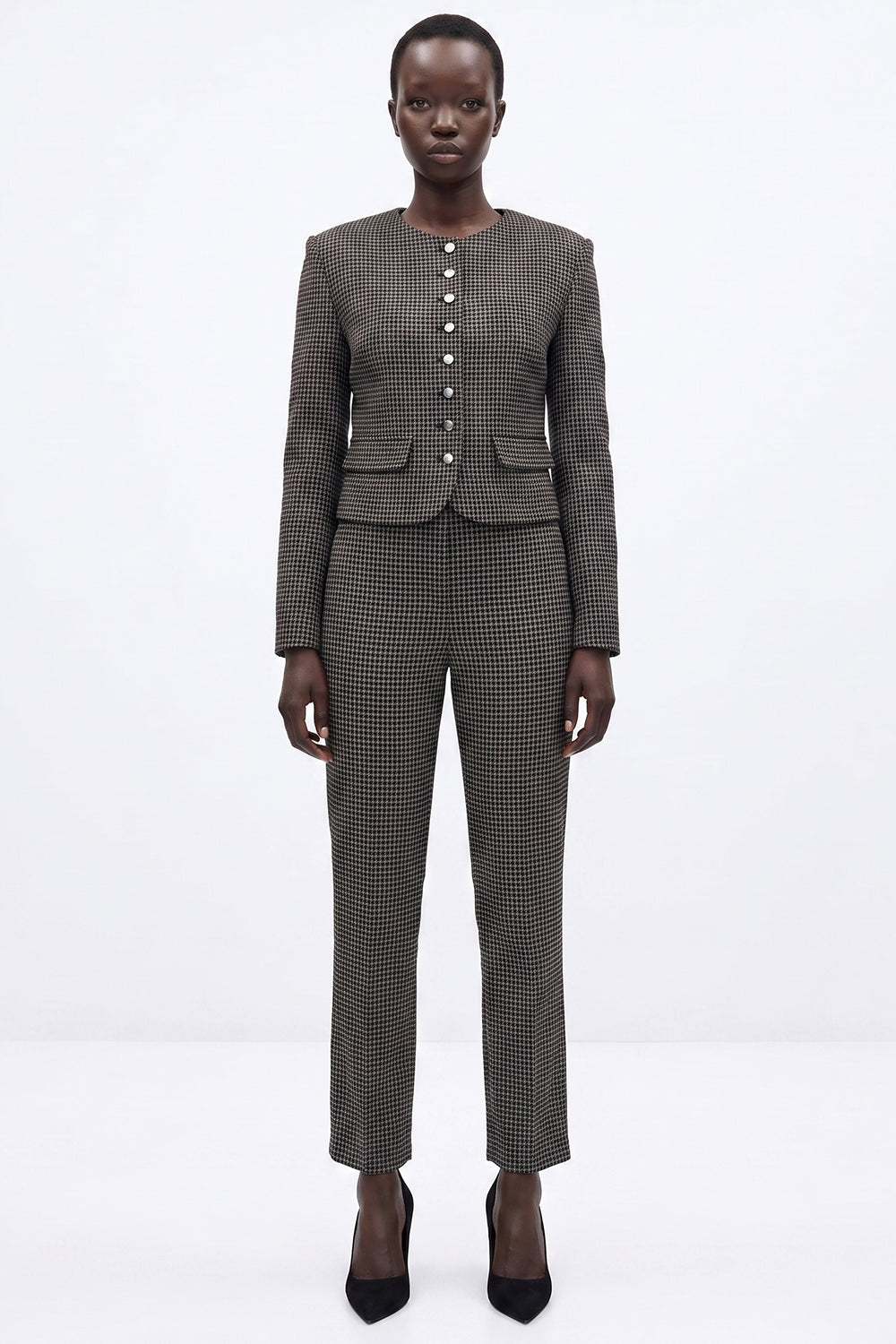Round Neck Shoulder Padded Lined Fitted Jacket - MULTICOLOR