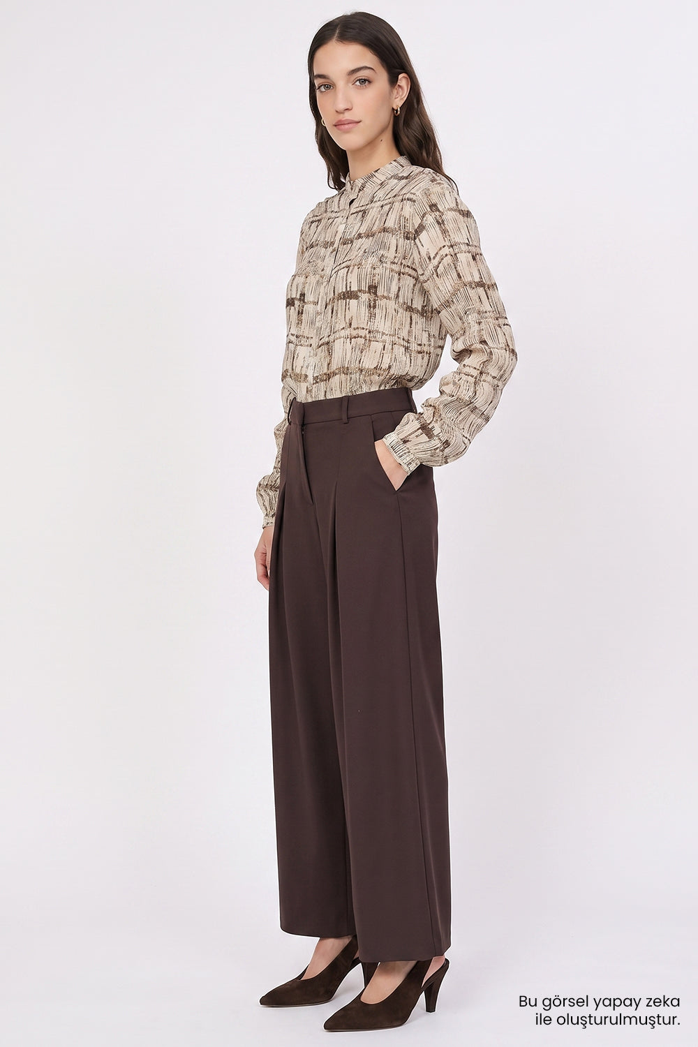 High Waisted Wide Leg Pleated Trousers - BROWN