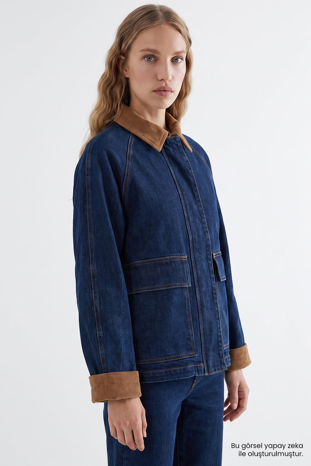 Lined Denim Jacket with Velvet Trim - INDIGO