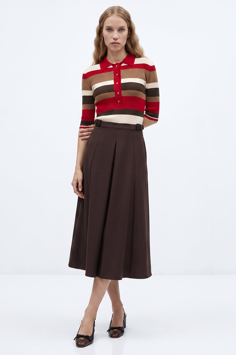 Pleated Midi Skirt with Zipper - BROWN