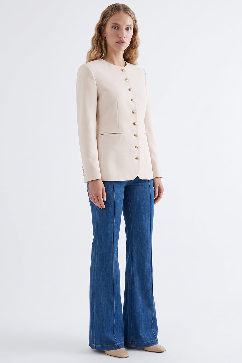 Shoulder Padded Jacket with Buttoned Cuffs and Welt Pockets - CREAM
