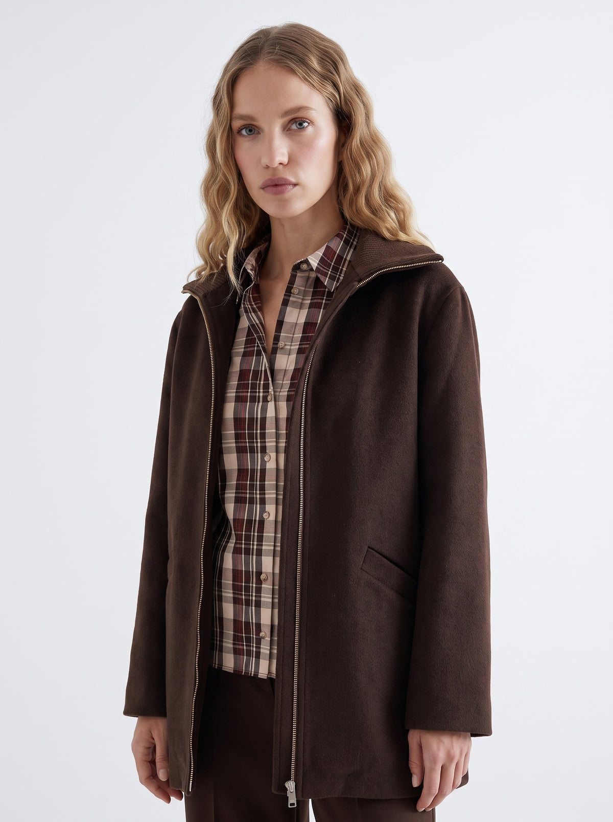 Ribbed Wool Blend Lined Coat - BROWN