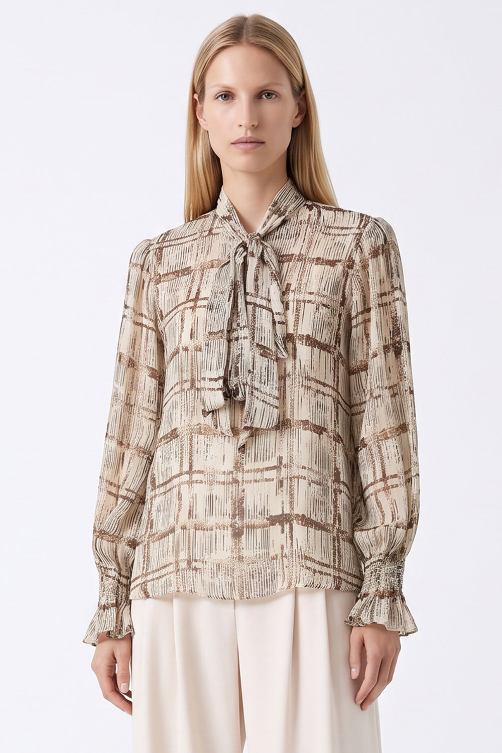 Foulard Detail Lined Shirred Blouse - MULTICOLOR