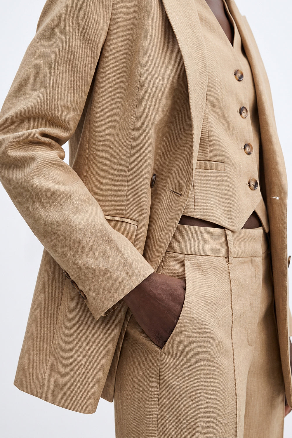Linen Blend Shoulder-Padded Wrap Jacket - CAMEL