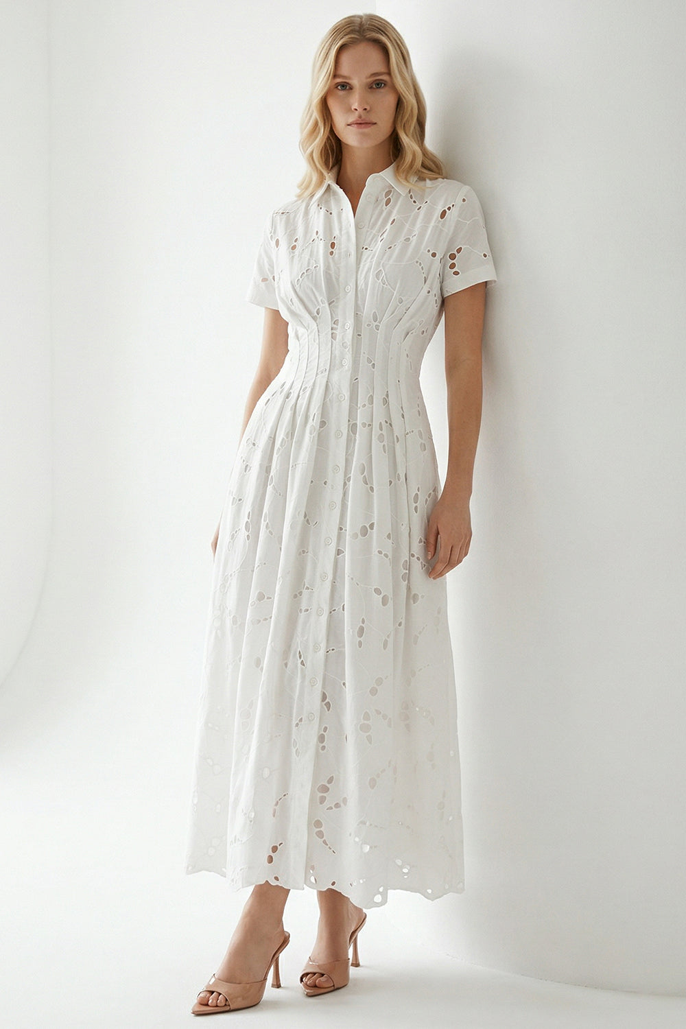 Short Sleeve Buttoned Eyelet Lined Midi Shirt Dress - WHITE
