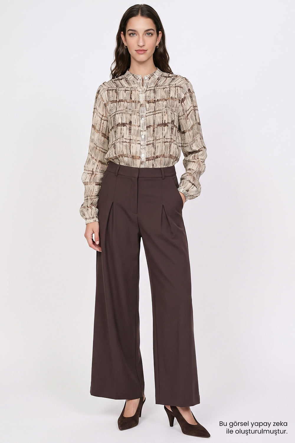 High Waisted Wide Leg Pleated Trousers - BROWN