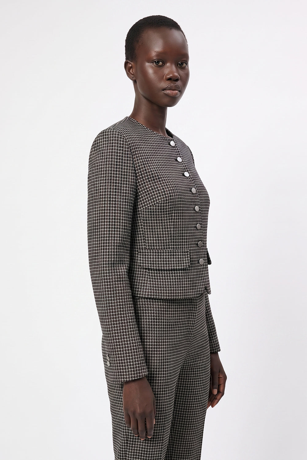 Round Neck Shoulder Padded Lined Fitted Jacket - MULTICOLOR
