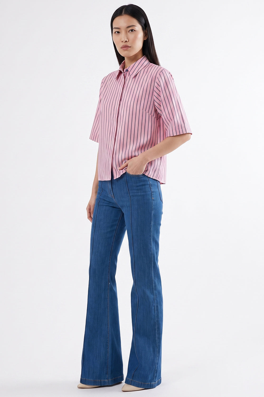 Short Sleeve Button Front Shirt with Concealed Placket - PINK NAVY BLUE