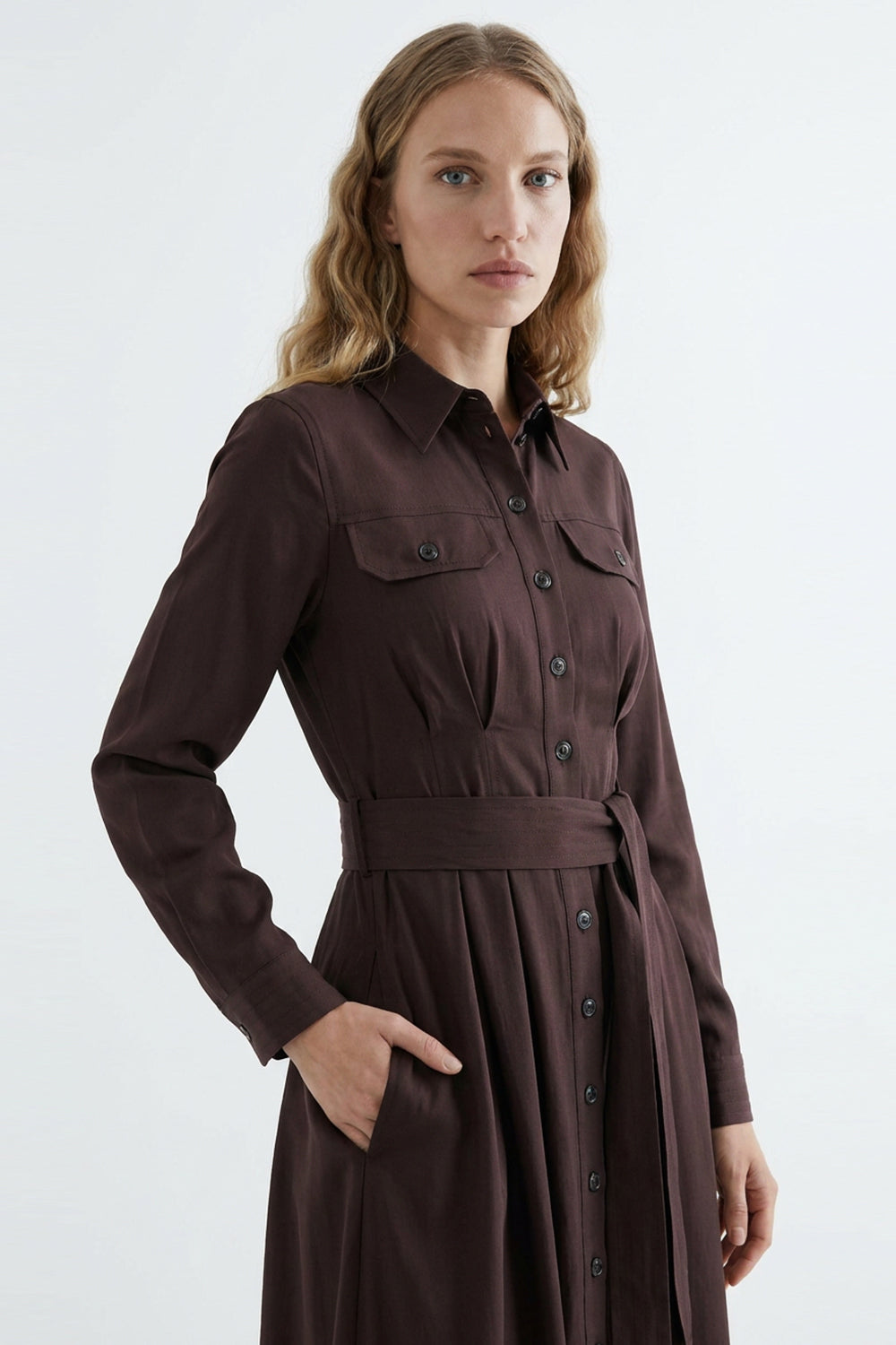 Satin Midi Dress with Belt - BROWN