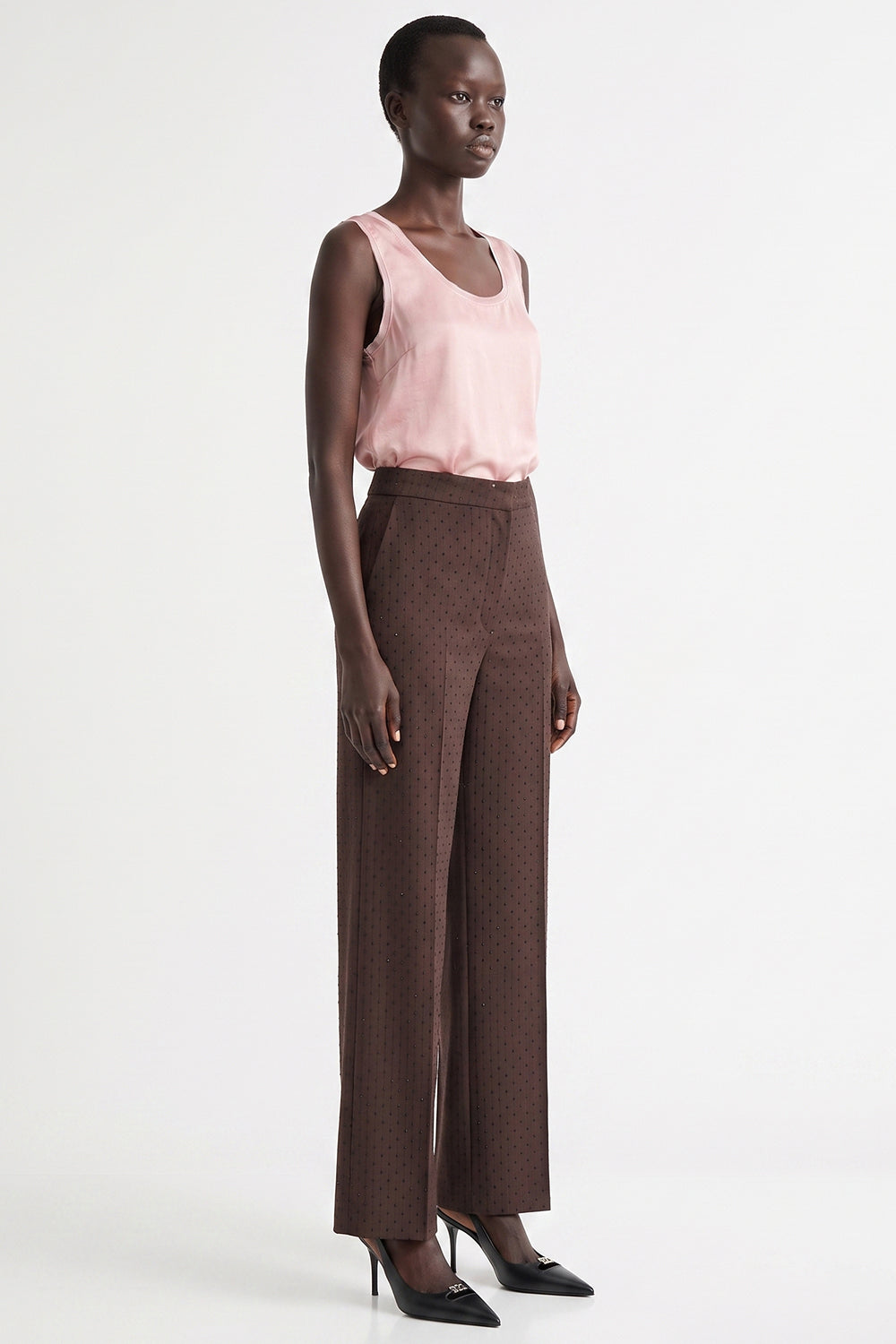 High Waisted Embellished Wide-Leg Trousers - BROWN