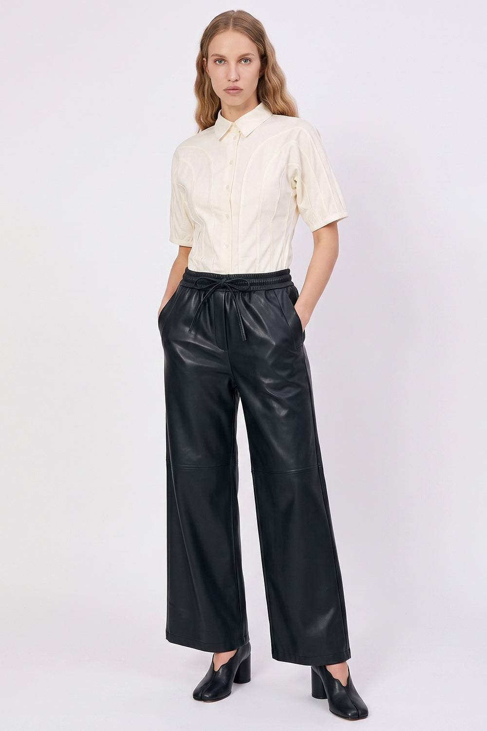 Faux Leather Wide-Leg Trousers with Elastic Waist - BLACK
