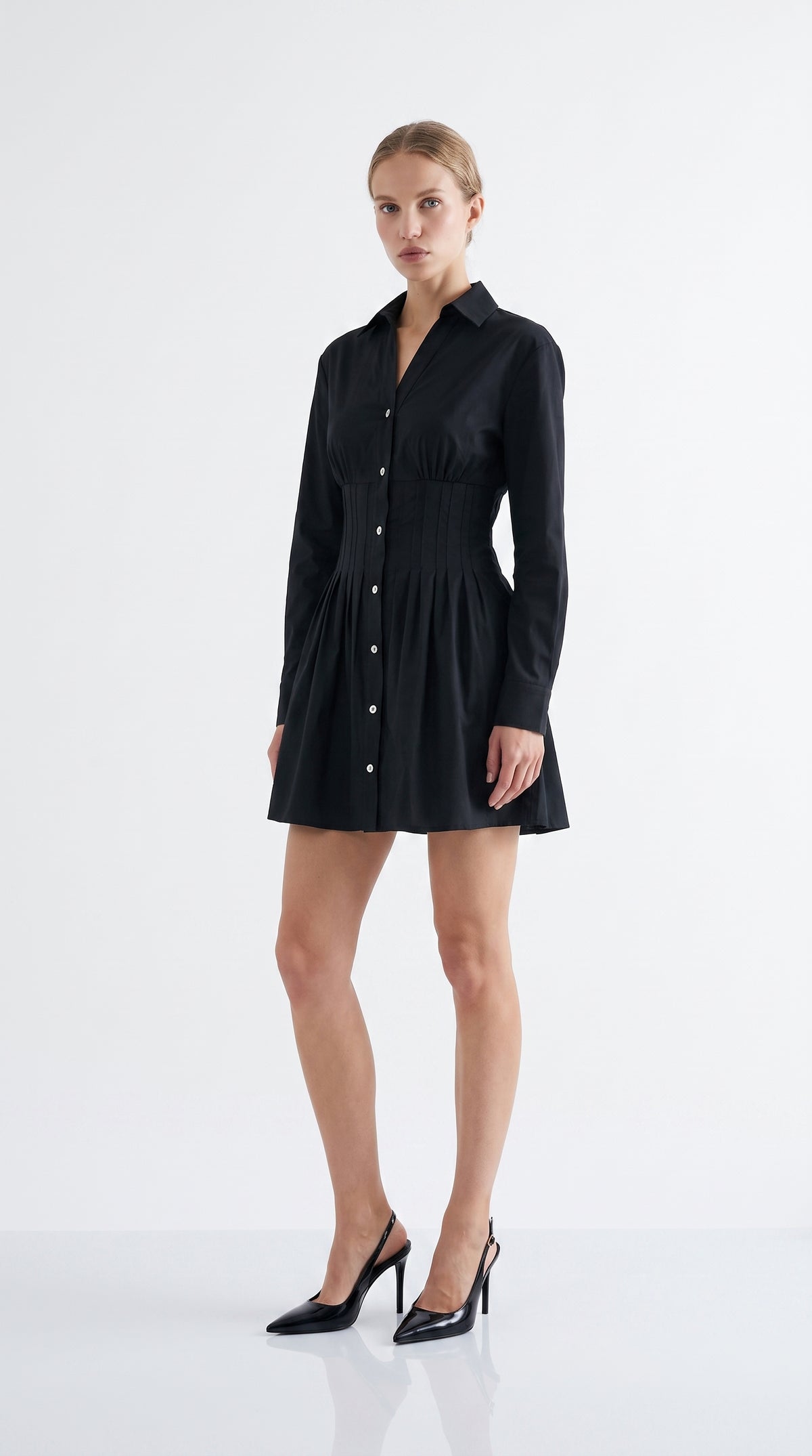 Fitted Mini Dress with Metal Buttons - BLACK