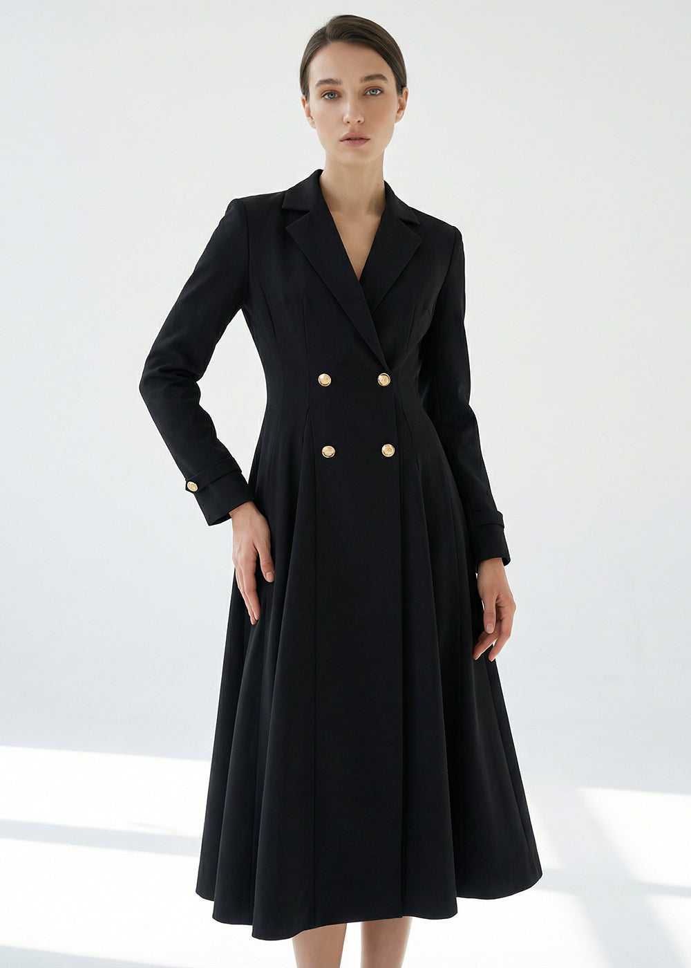 Elegant Gold Button Double Breasted Black Midi Blazer Dress