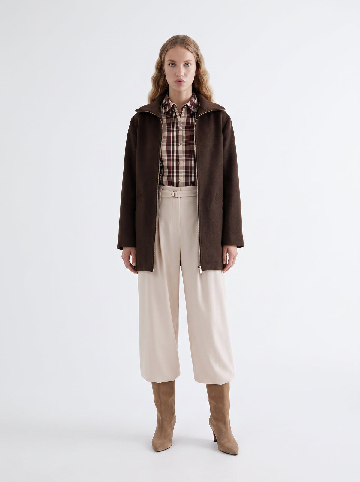 Ribbed Wool Blend Lined Coat - BROWN