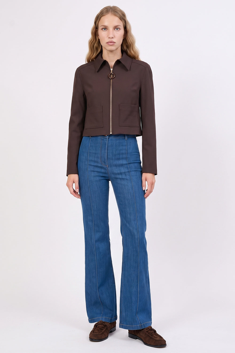 Cropped Jacket with Zipper Detail and Pockets - BROWN