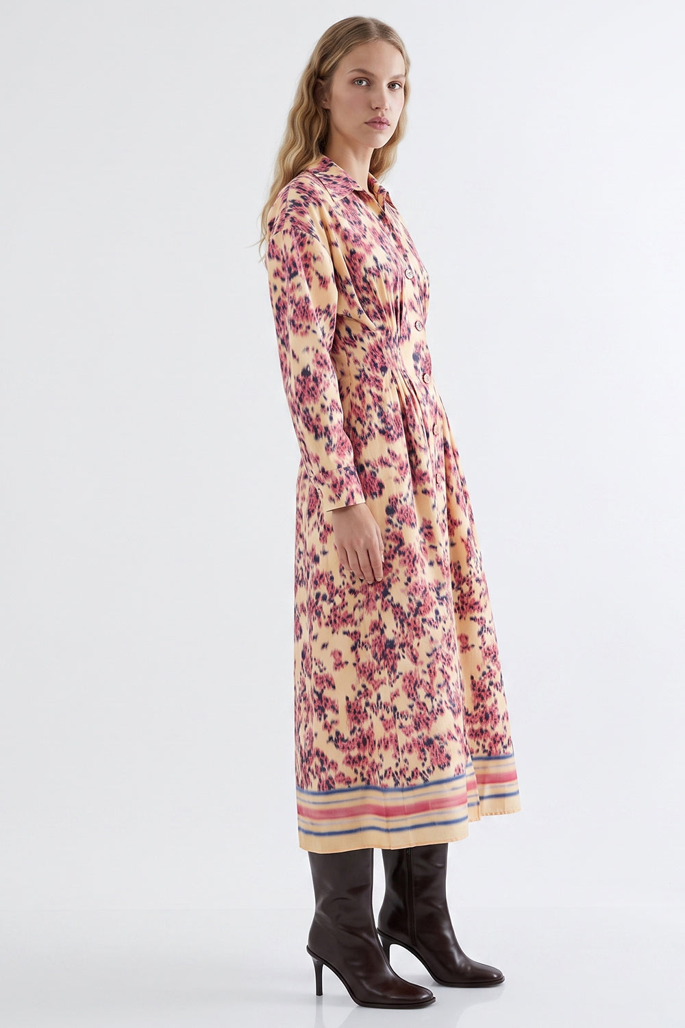 Pleated Waist Shirt Dress with Elastic Back - MULTICOLOR