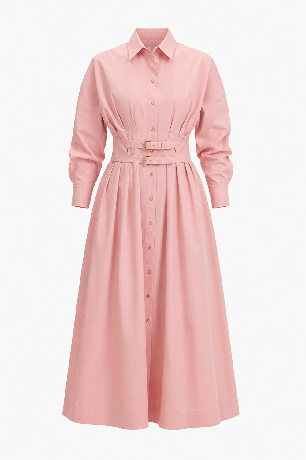 Belted Fitted Waist Midi Shirt Dress – PINK