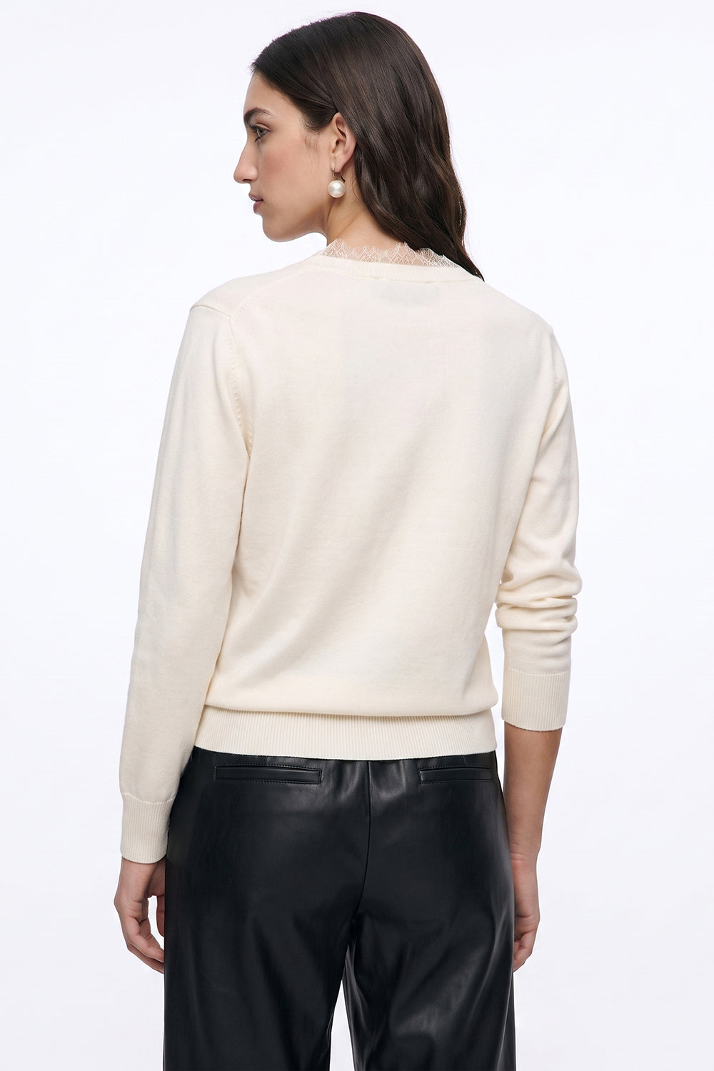 Long Sleeve V Neck Knit Blouse with Lace Trim - ECRU