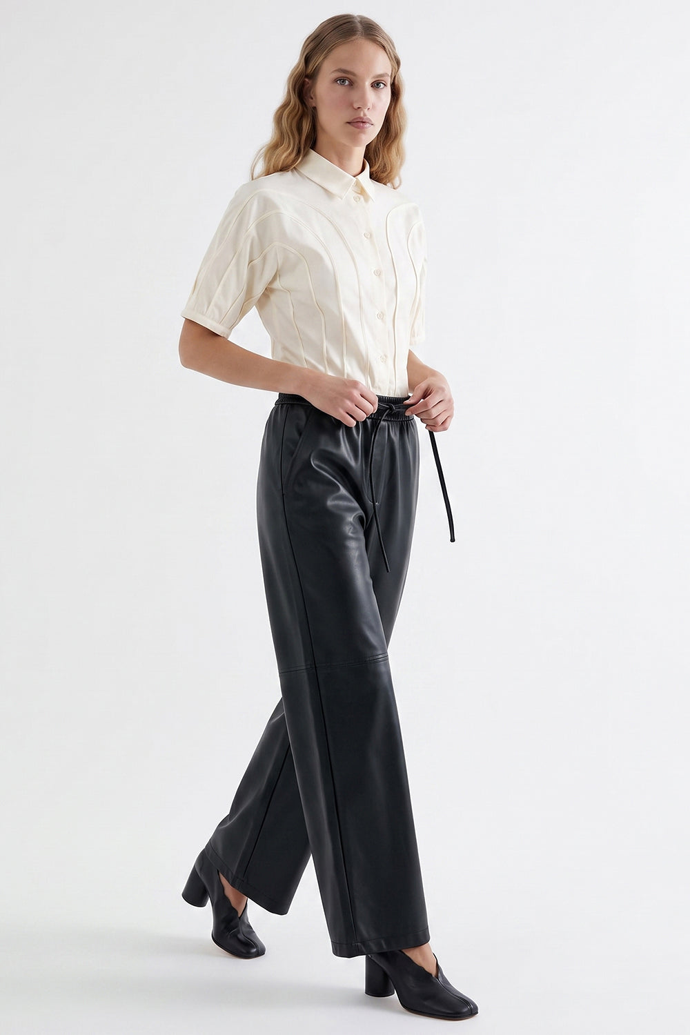Faux Leather Wide-Leg Trousers with Elastic Waist - BLACK