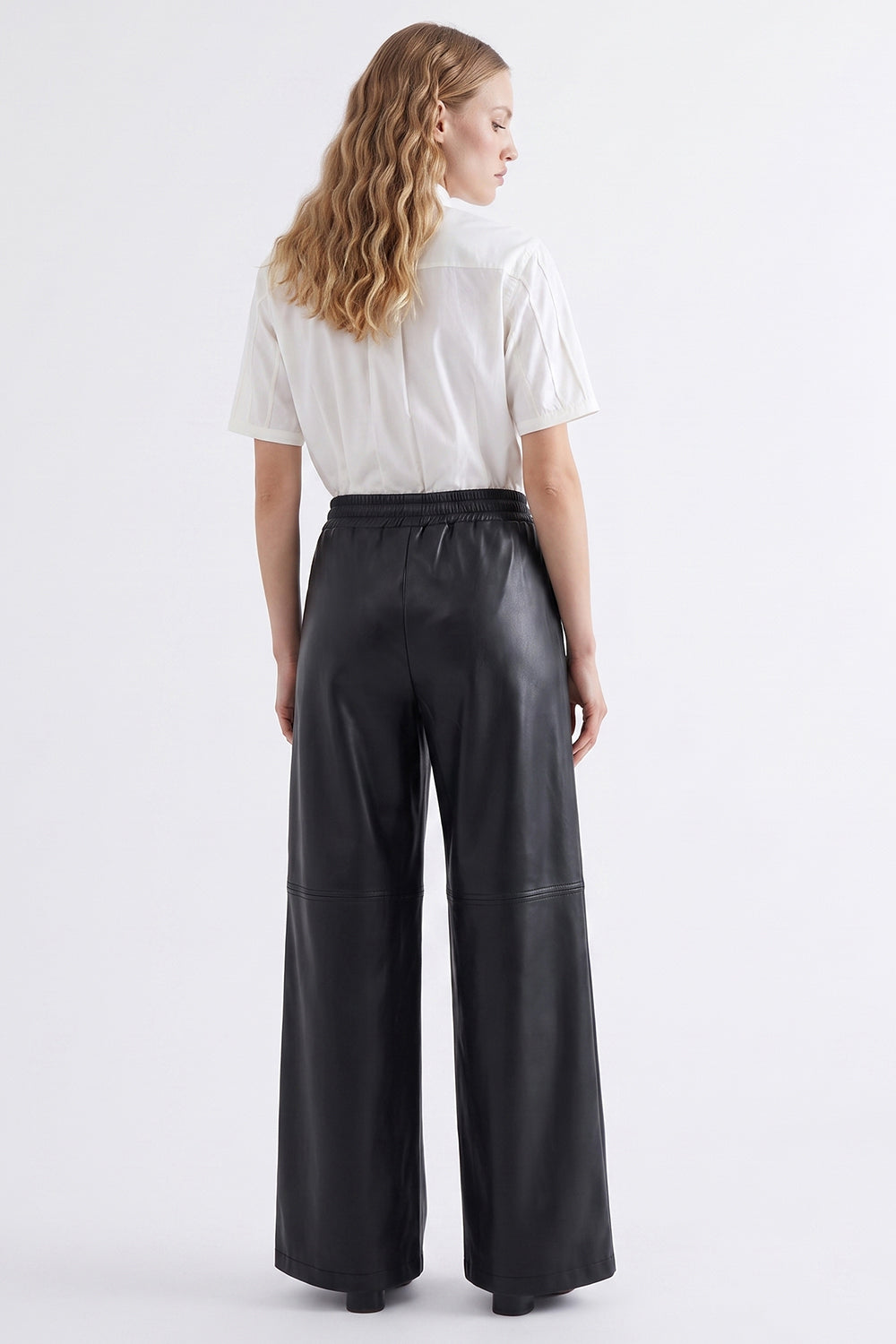 Faux Leather Wide-Leg Trousers with Elastic Waist - BLACK