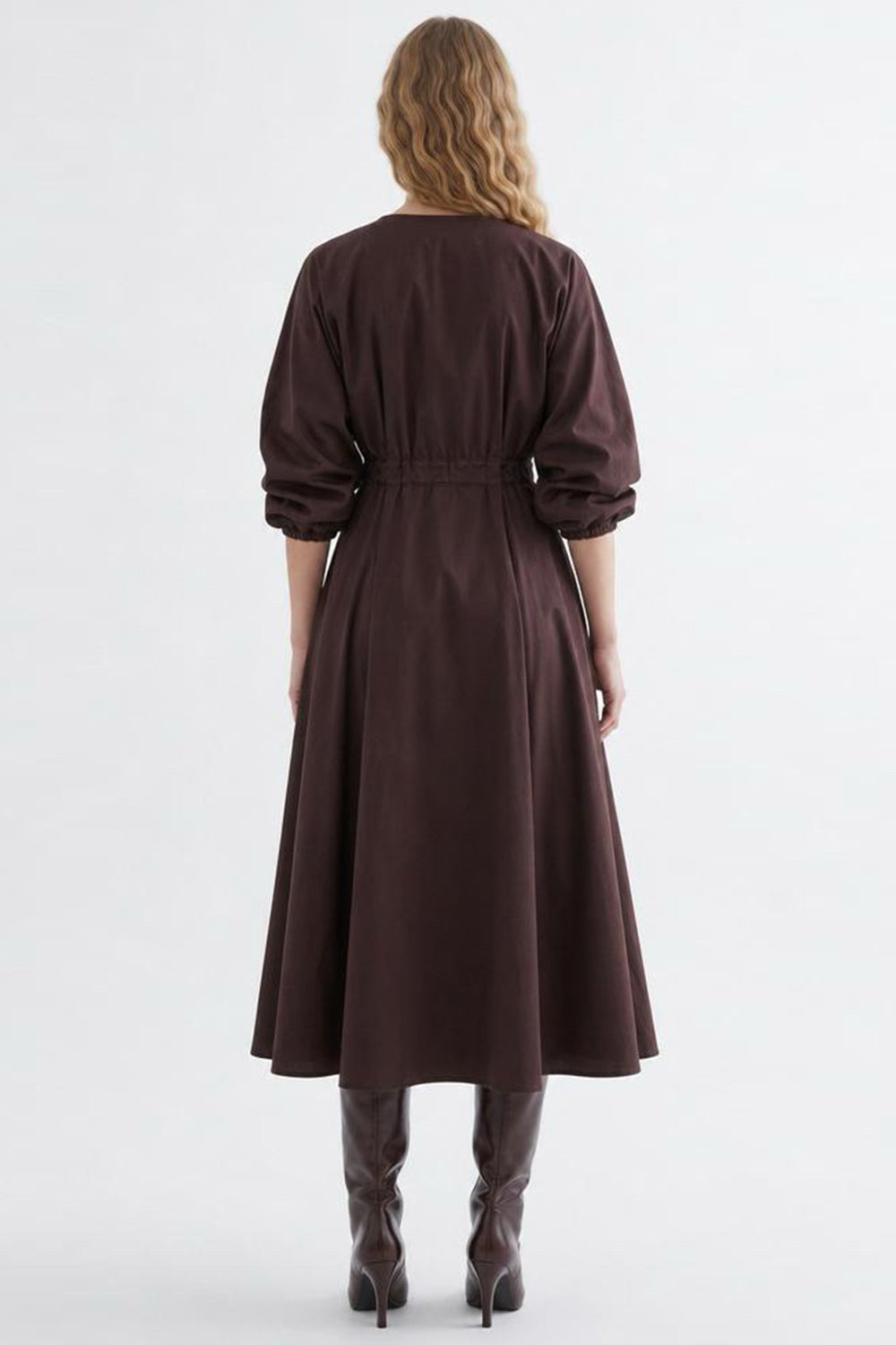 Elastic Back Balloon Sleeve Midi Dress - BROWN