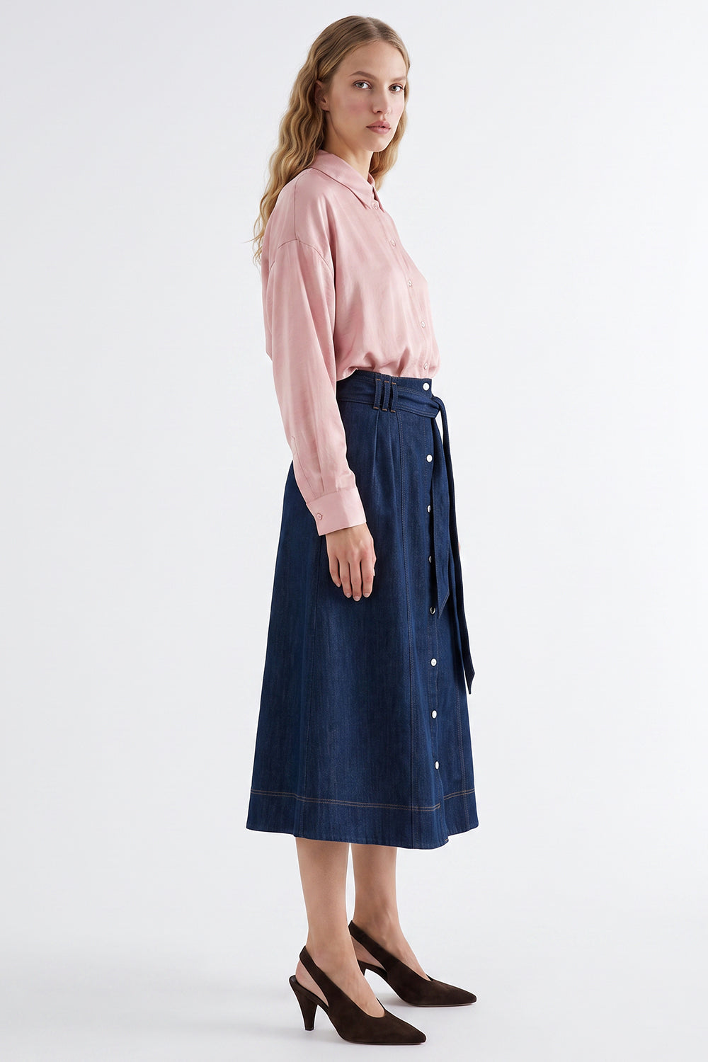 High-Waisted Belted Denim Midi Skirt - BLUE
