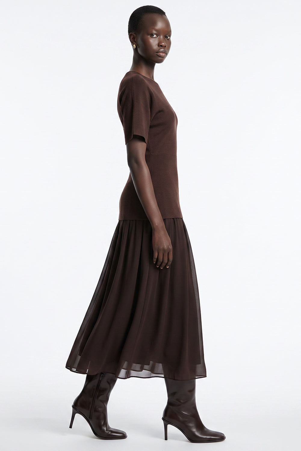 Short Sleeve Midi Dress with Chiffon Lined Skirt - BROWN
