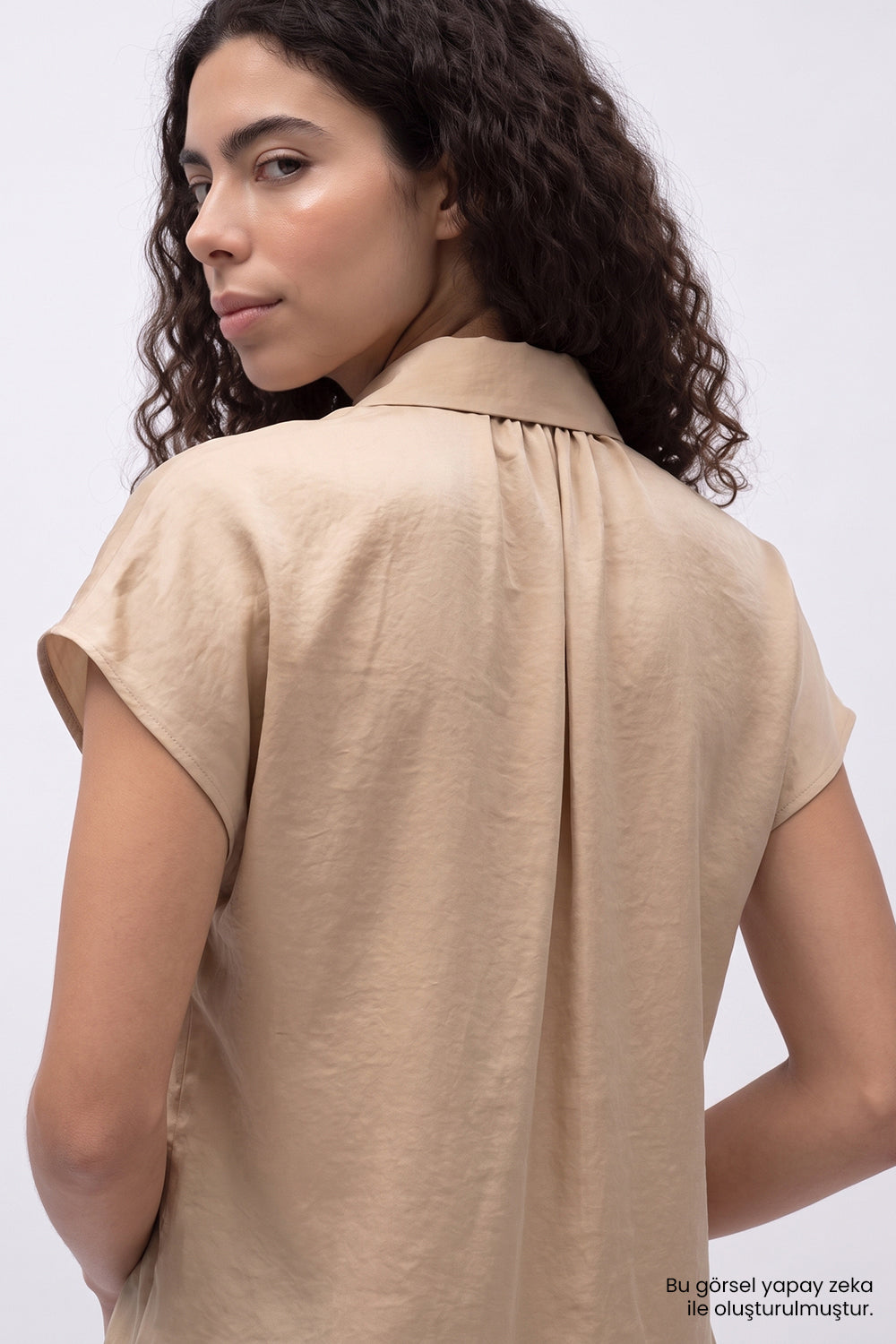 Collared Dropped Sleeve Satin Blouse - BEIGE