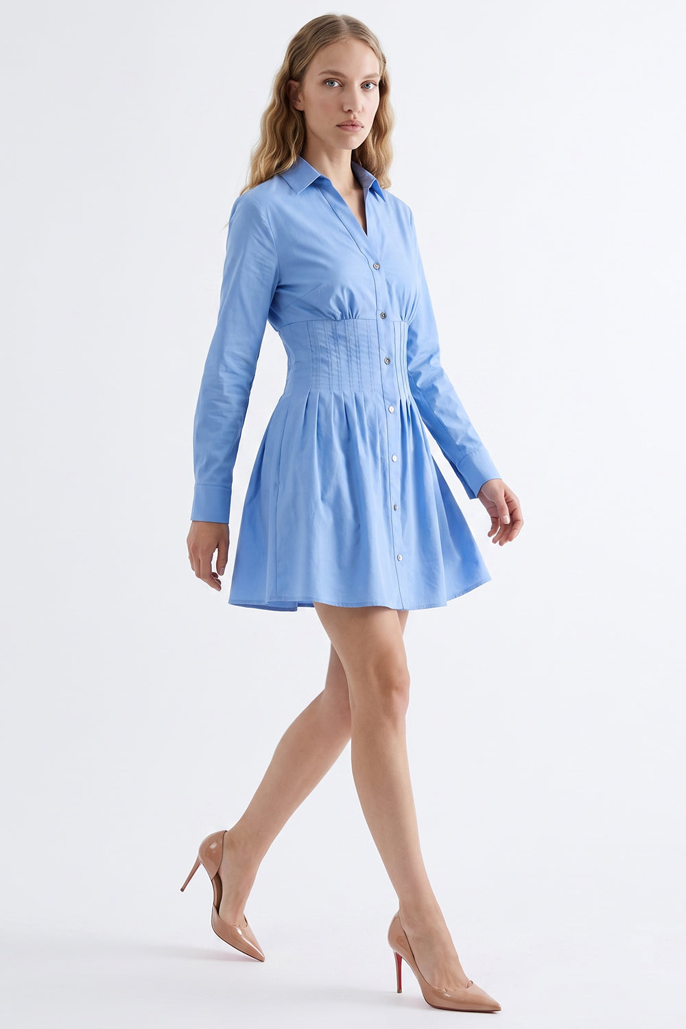 Fitted Mini Dress with Metal Buttons - BLUE