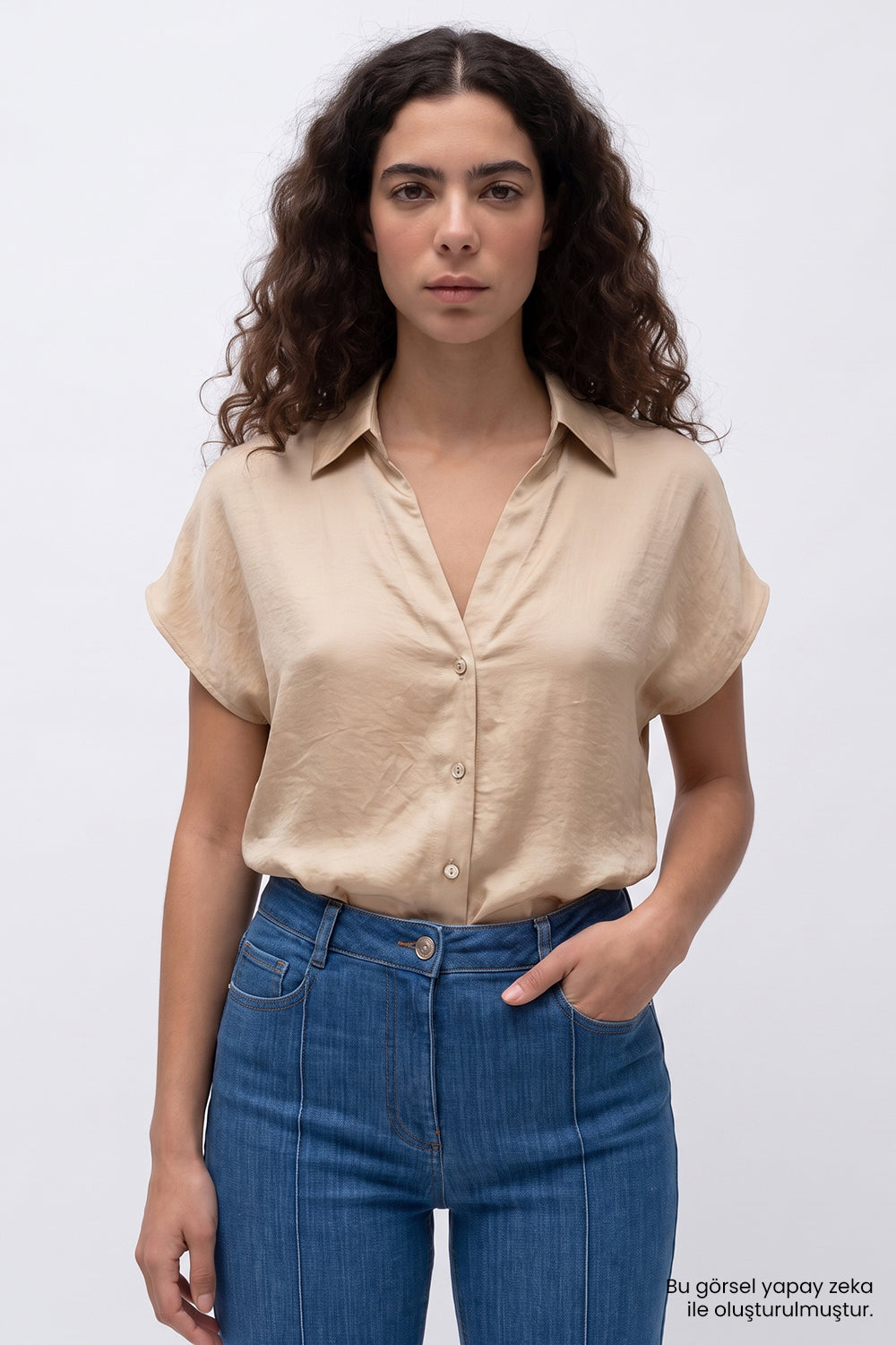 Collared Dropped Sleeve Satin Blouse - BEIGE