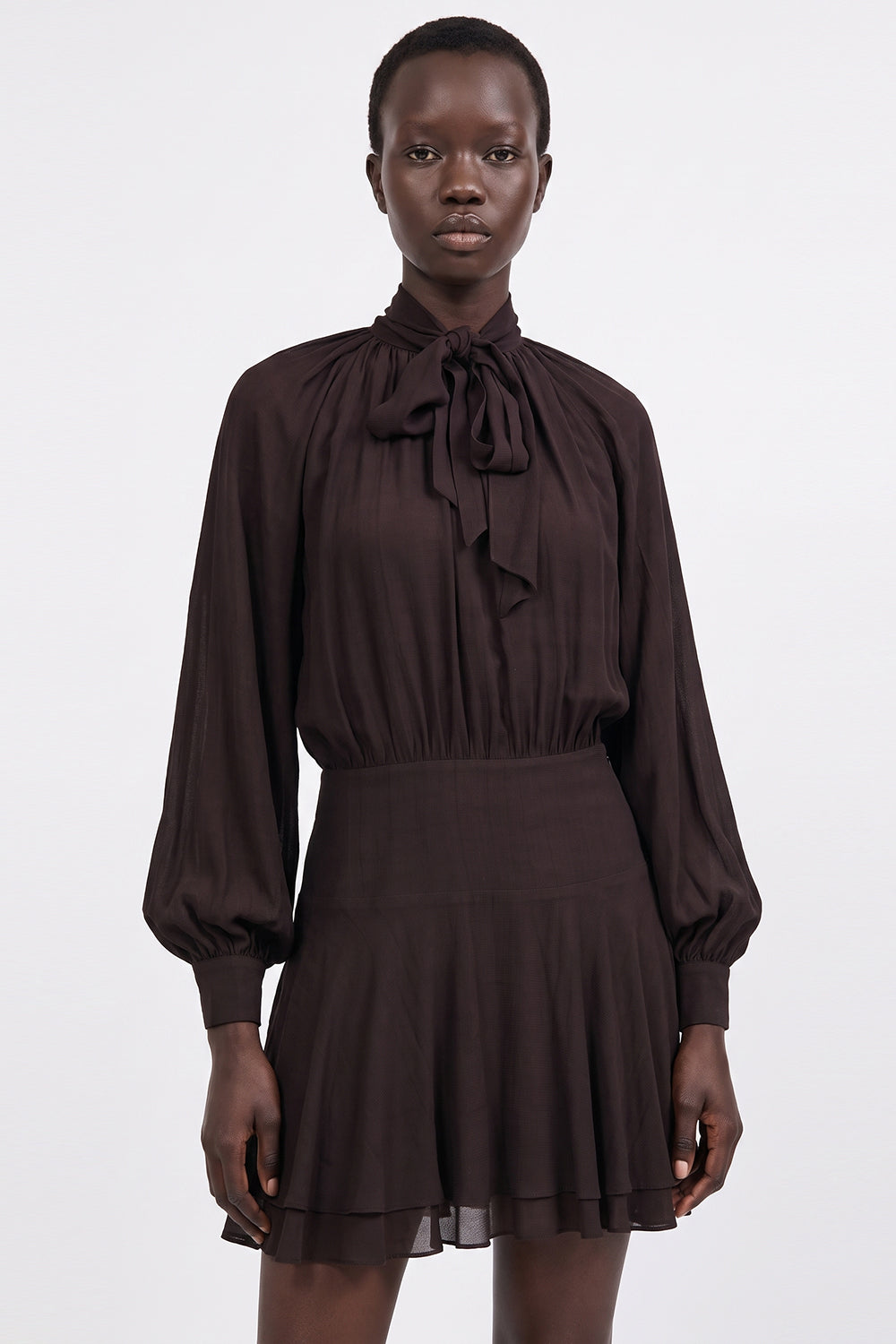 Foulard Detail Fitted Mini Dress - BROWN
