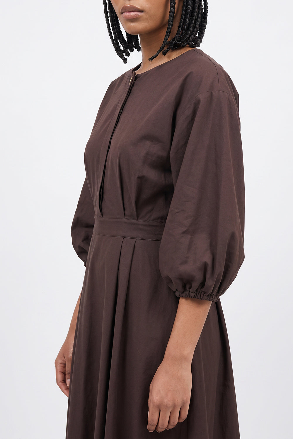 Elastic Back Balloon Sleeve Midi Dress - BROWN