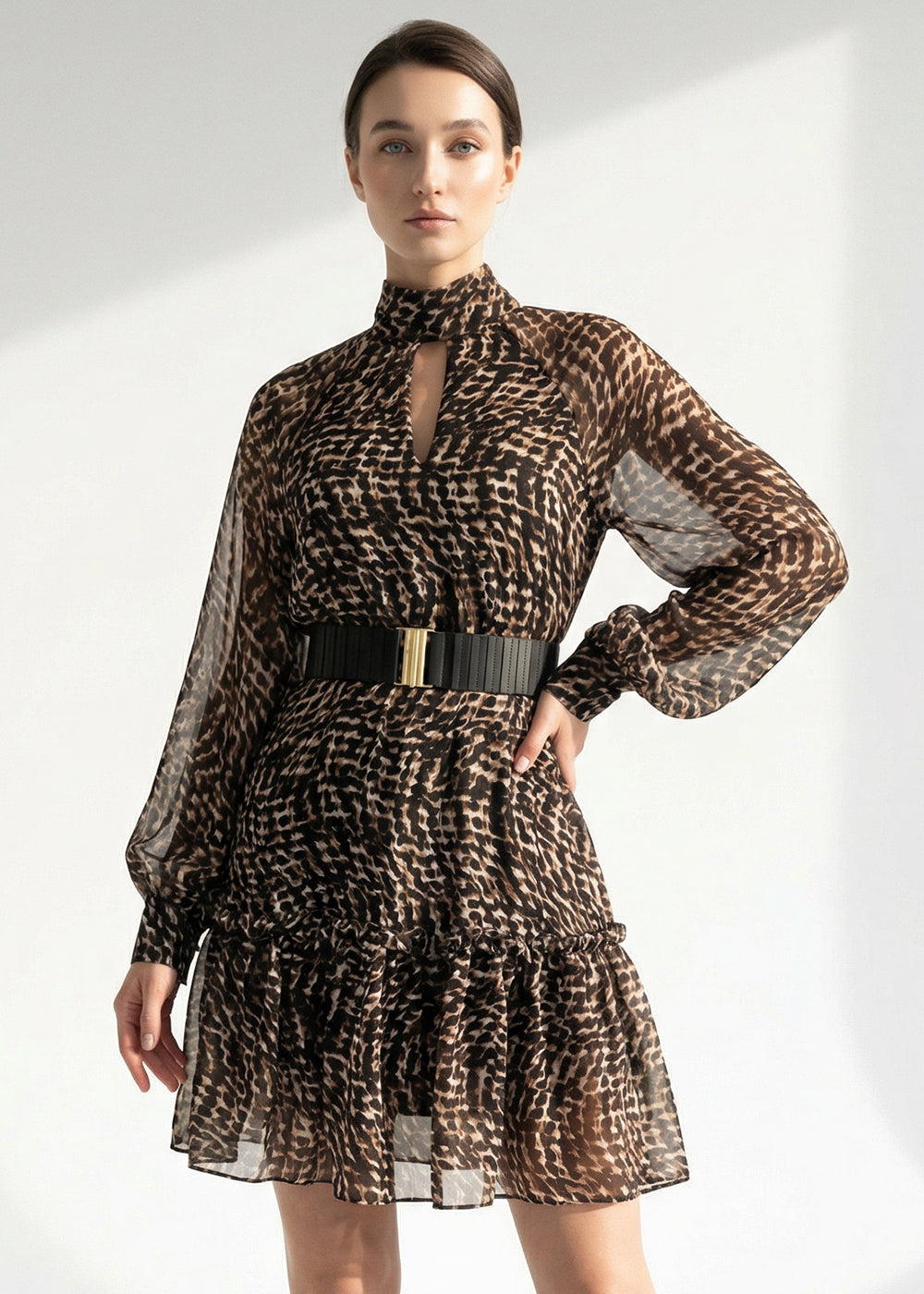 Leopard Print Long Sleeve Belted Rayon Mini Dress