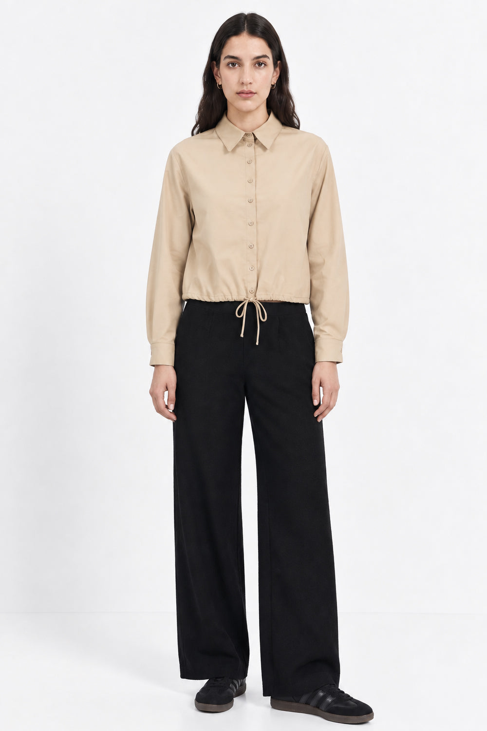 Long Sleeve Shirt with Elastic Waist - BEIGE