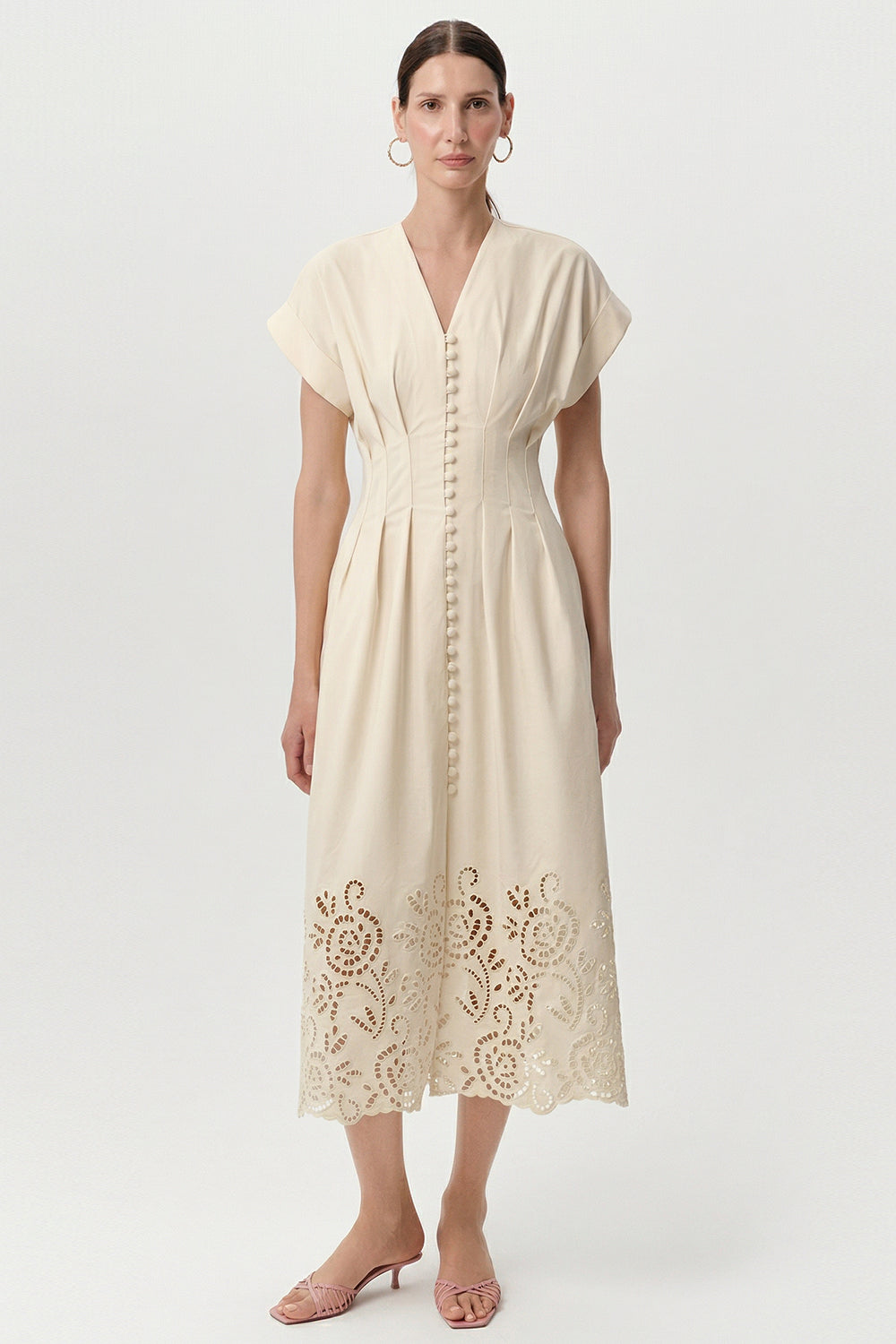 V Neck Short Sleeve Buttoned Midi Dress - BONE