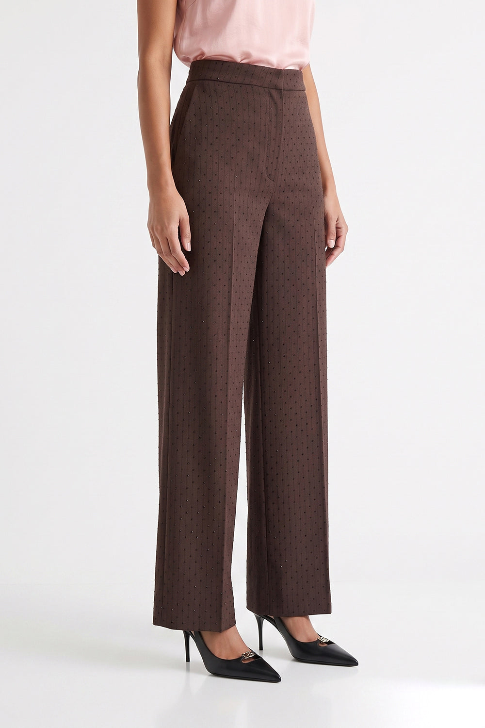 High Waisted Embellished Wide-Leg Trousers - BROWN