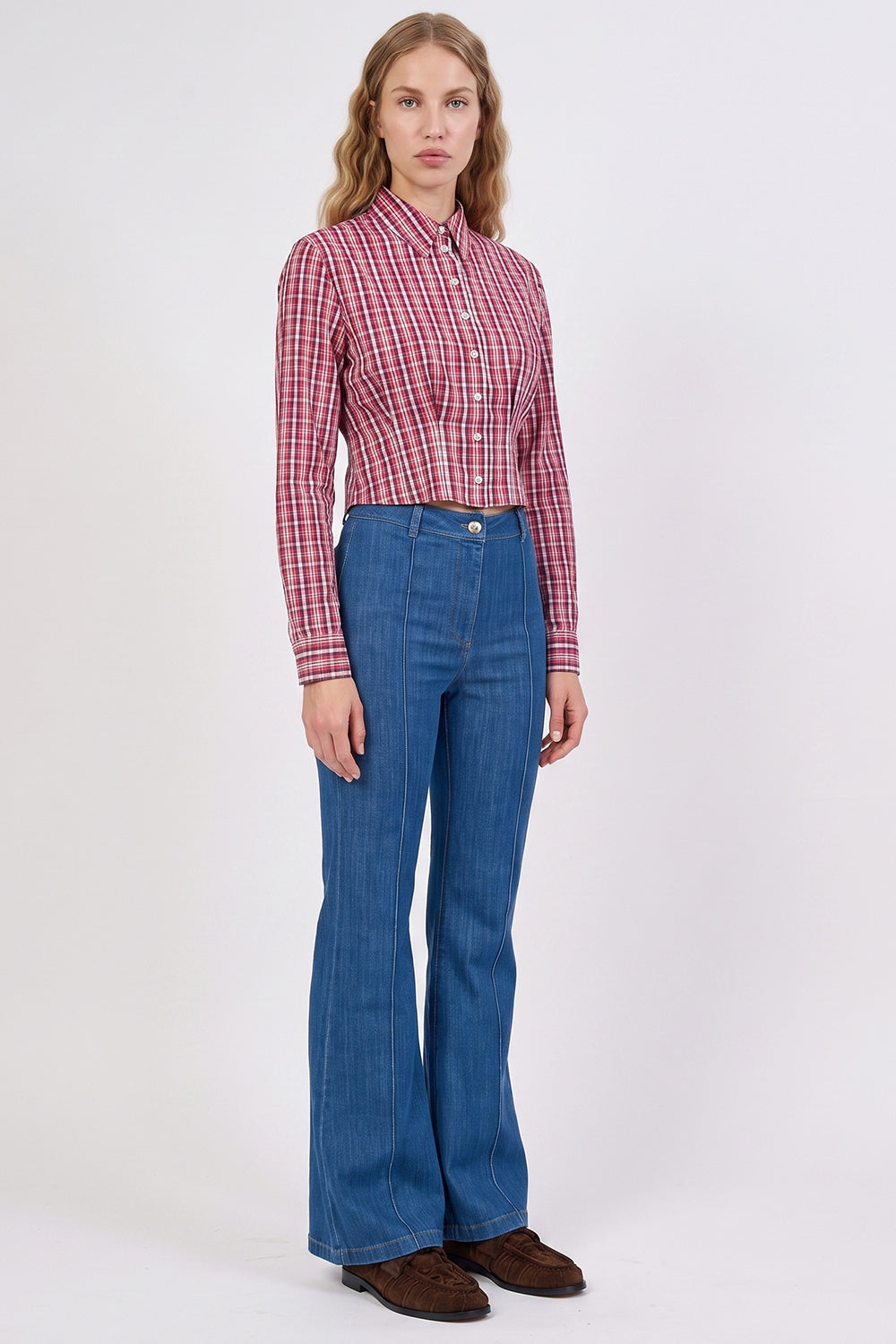 Collared Long Sleeve Shirt with Pleated Waist - MULTICOLOR