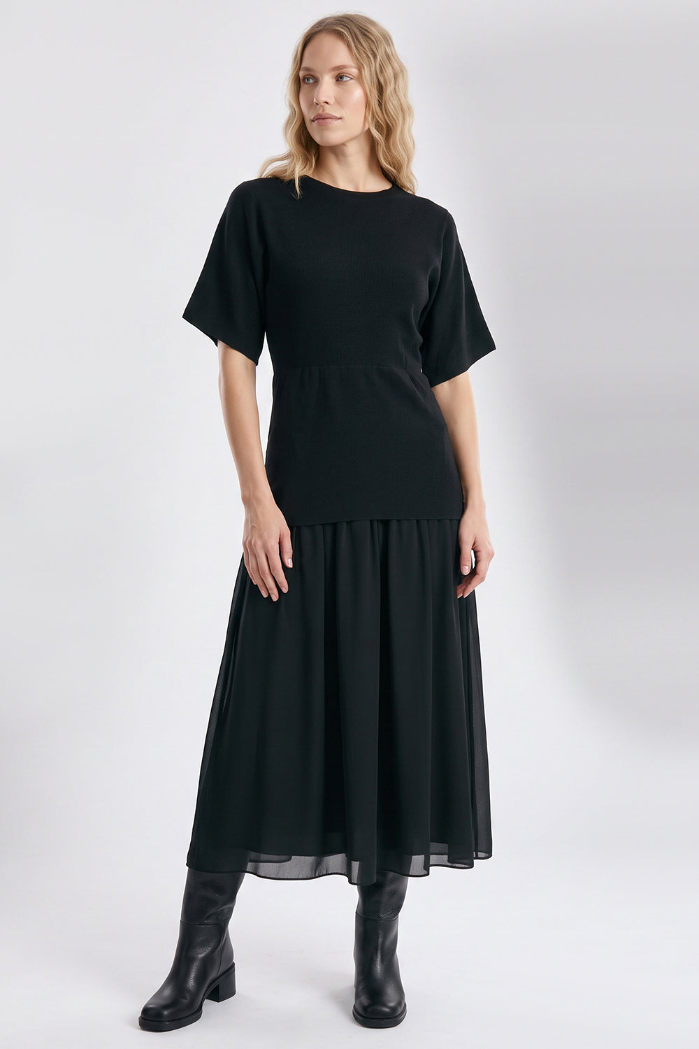 Short Sleeve Midi Dress with Chiffon Lined Skirt - BLACK