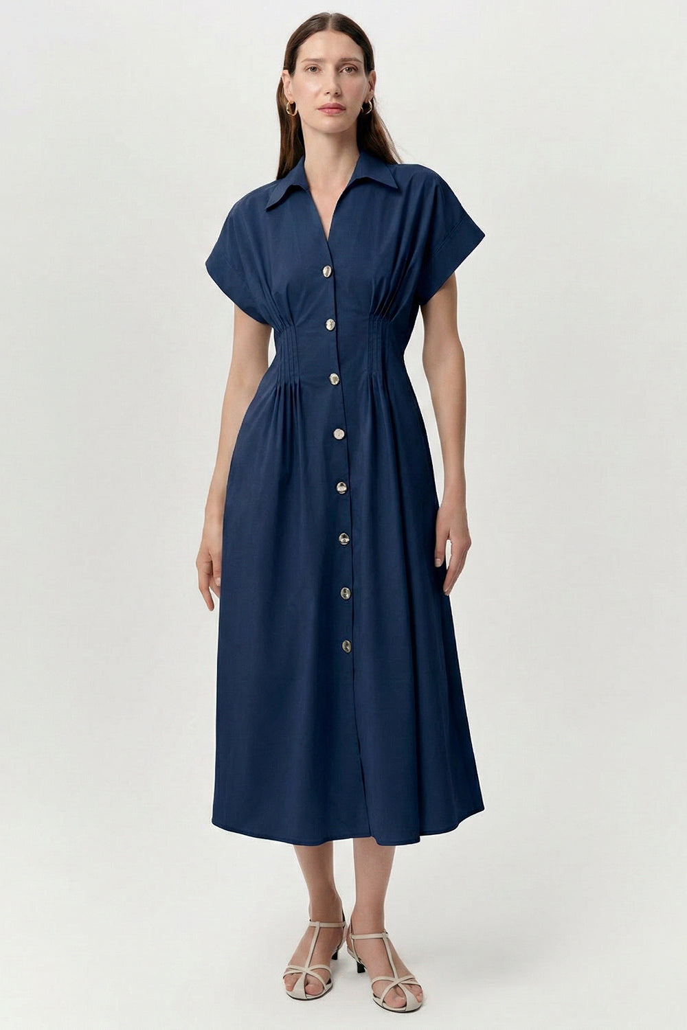 Shirt Collar Elastic Waist Pocket Midi Dress - NAVY BLUE