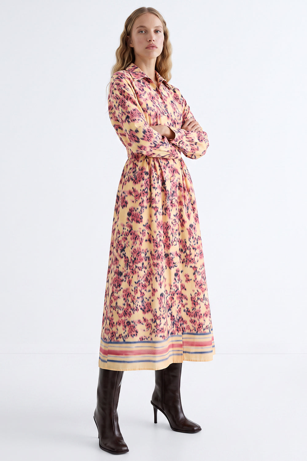 Pleated Waist Shirt Dress with Elastic Back - MULTICOLOR